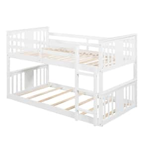 White Twin Over Twin Low Bunk Bed with Headboard and Footboard, Wooden Bunk Bed Frame with Ladder for Toddlers Kids