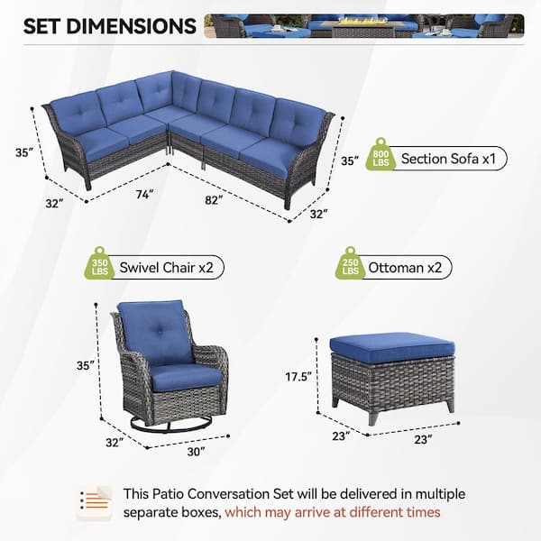 Arcline 6-Piece Gray Wicker Patio Conversation Set with Olefin Blue Cushions L-Shaped Sofa with Ottoman/Swivel Chairs