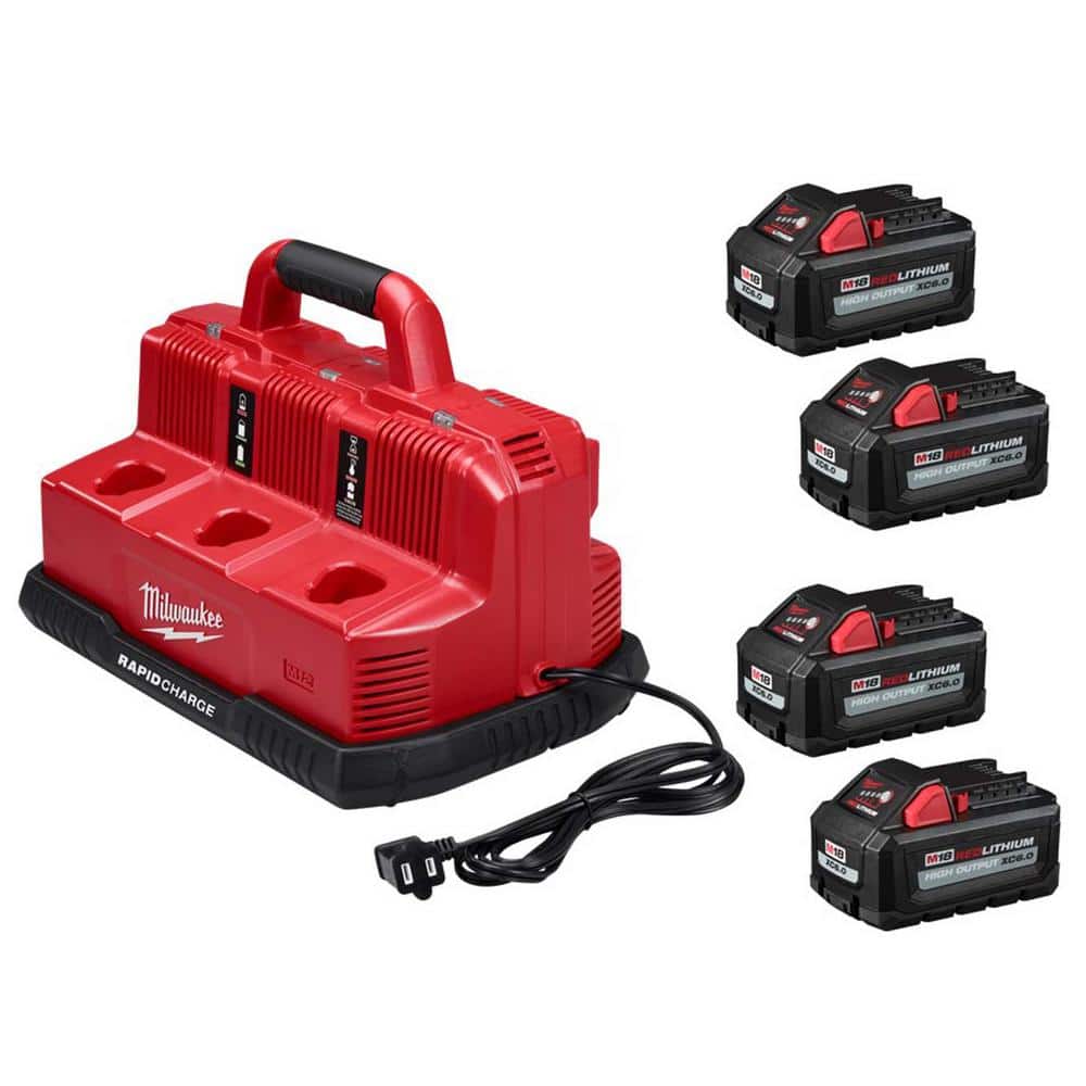Milwaukee M18/M12 Multi-Voltage 6-Port Sequential Rapid Battery Charger  w/(4) HIGH OUTPUT 6.0Ah Battery Pack 48-59-1807-48-11-1862-48-11-1862 The  Home Depot