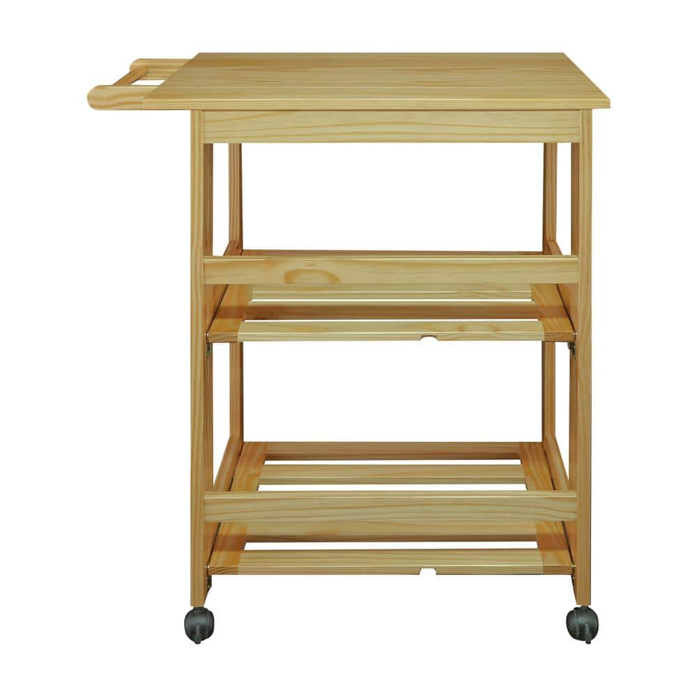 Trek Natural Pine Wood Folding Kitchen Cart with Storage