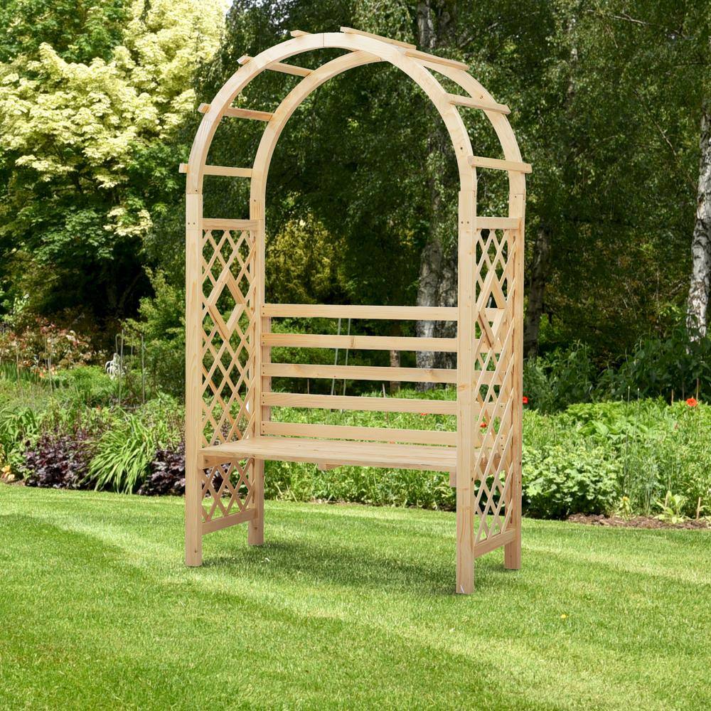 Natural Fir Wood Garden Arch with Bench and Trellis