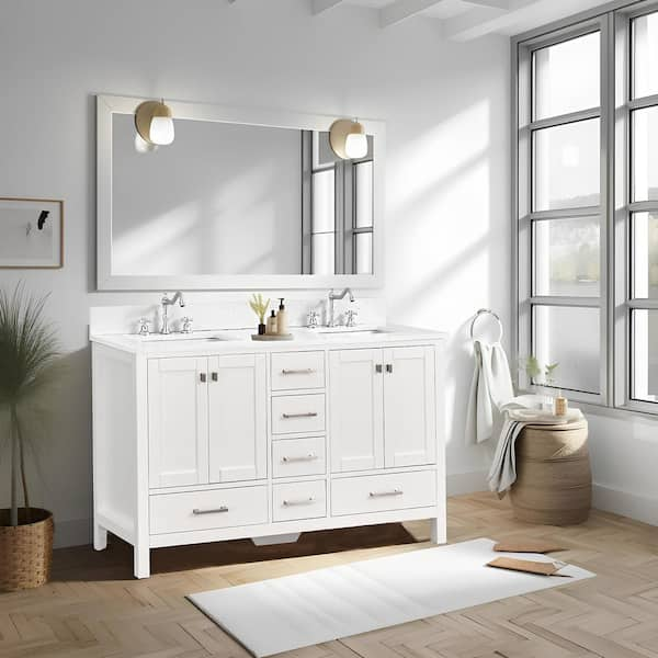 GlamourAura 60 in. W x 22 in. D x 39.24 in. H Double Sink Bath Vanity in White with White Engineered Stone Top