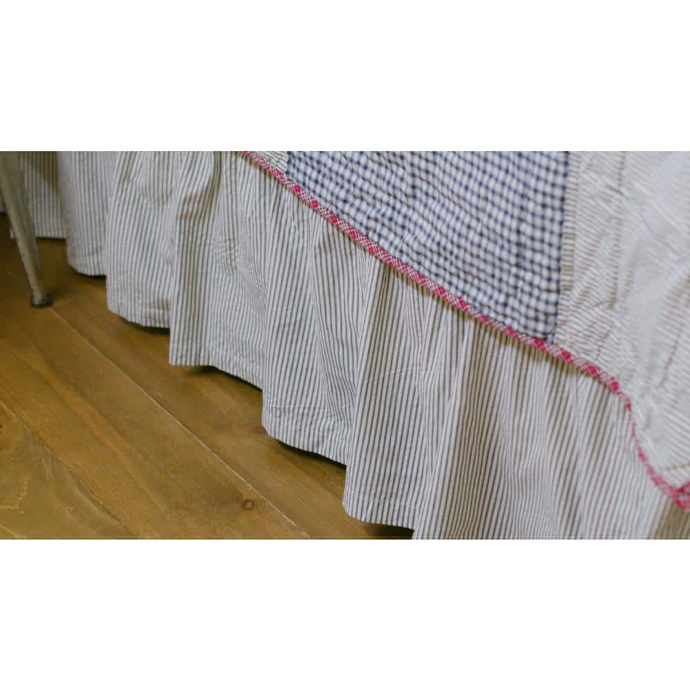 Denim Blue and White Cotton Queen Bed Skirt with Split Corners