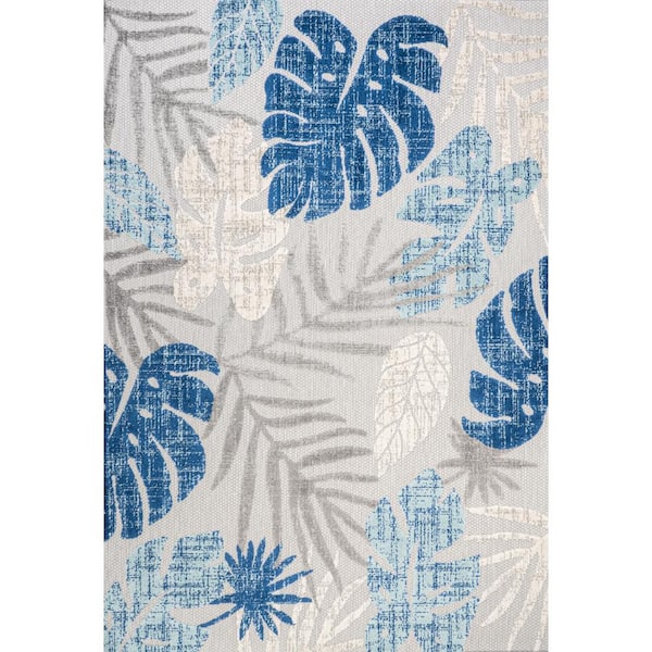 Monstera Tropical Leaf High-Low Light Gray/Navy 8 ft. x 10 ft. Indoor/Outdoor Area Rug