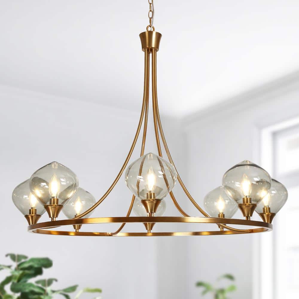 39.3 in. Modern 8-Light Brass Wagon Wheel Chandelier for Kitchen Island with Smoky Grey Glass Globes Dining Room Pendant price history on PriceWatchPro