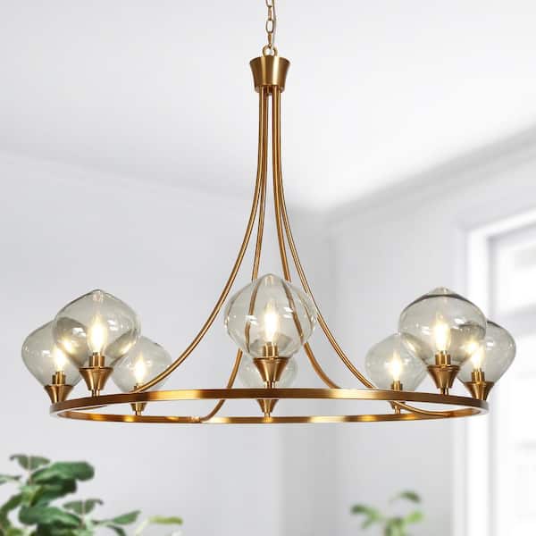 39.3 in. Modern 8-Light Brass Wagon Wheel Chandelier for Kitchen Island with Smoky Grey Glass Globes Dining Room Pendant