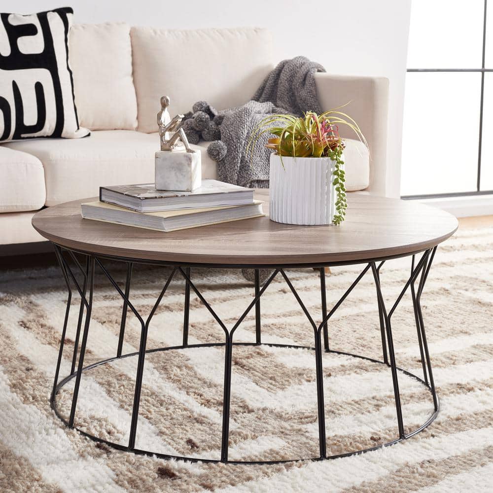 Transitional 35'' Round Beige Wood & Metal Coffee Table