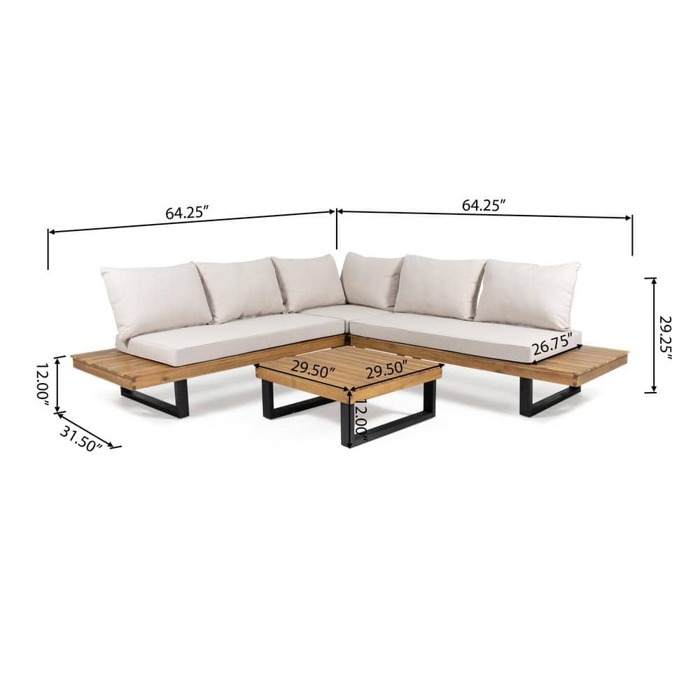Teak Brown Four-Seater Sectional with Beige Cushions and Coffee Table