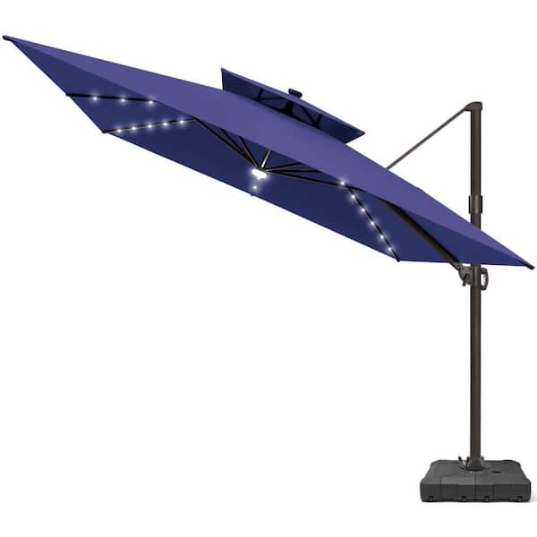 Solar LED 2-Tier 11 ft. Square 360° Rotation Cantilever Patio Umbrella with 220 lbs. Umbrella Base in Navy