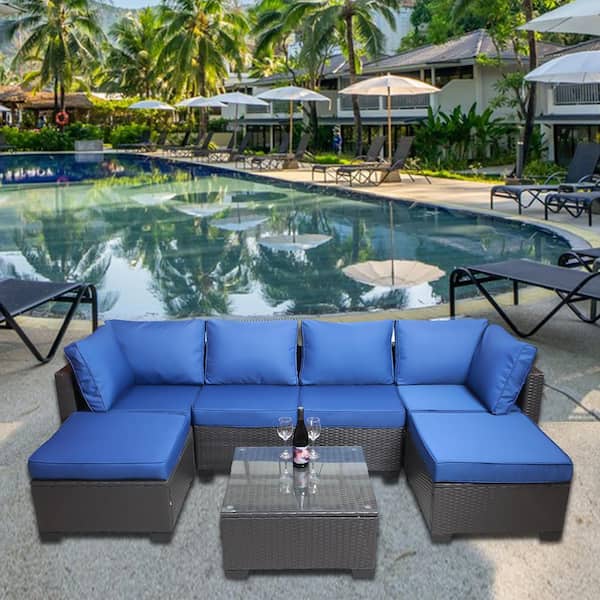 Zeus & Ruta 7-Piece Wicker Outdoor Patio Conversation Seating Set with Navy Blue Cushions and Coffee Table for Patio Garden Backyard
