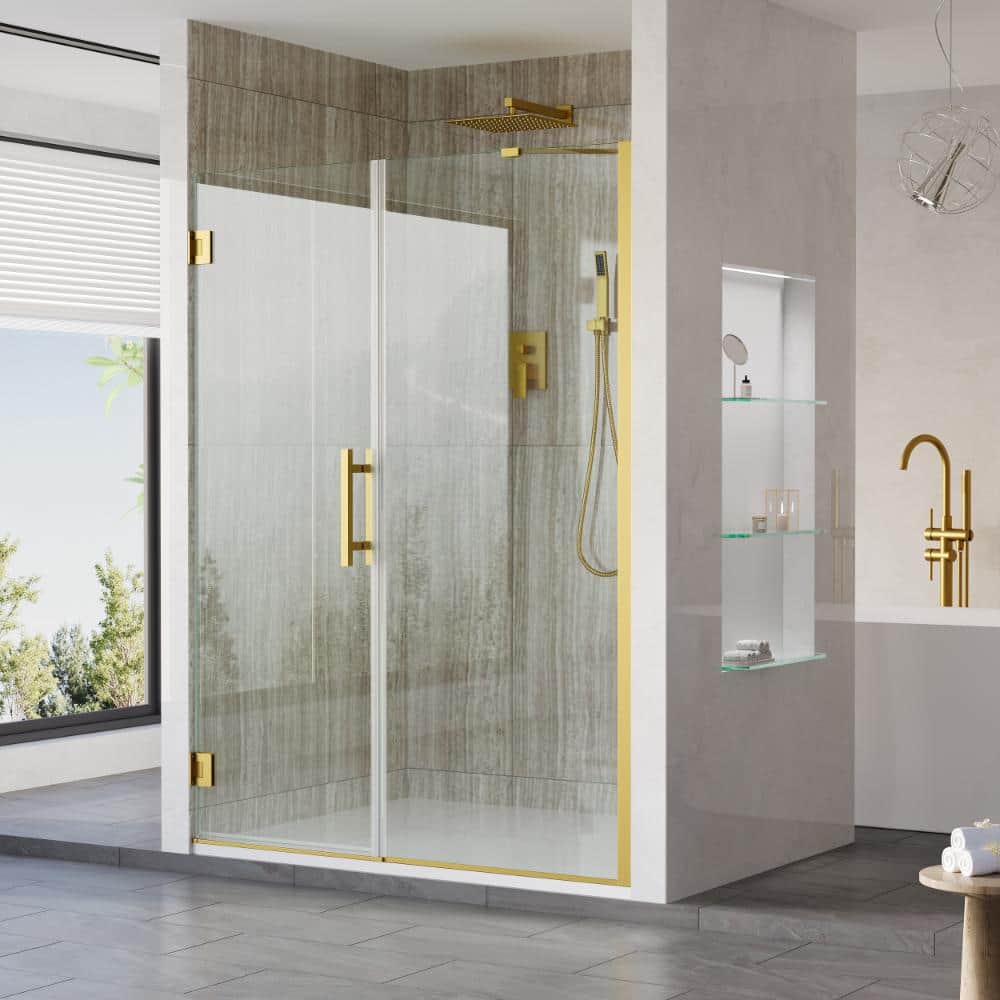 "54-55 in. W x 72 in. H Pivot Hinged Frameless Shower Door in Brushed Gold with 3/8"" SGCC Clear Tempered Glass" price history on PriceWatchPro