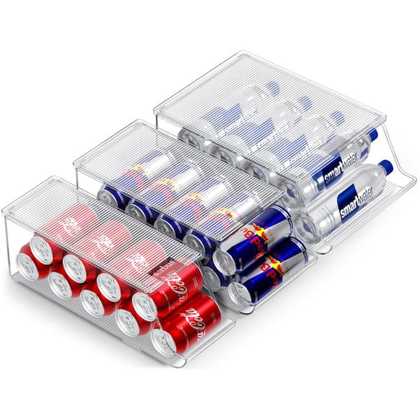 Clear Soda Can Organizer with Lids, 3 Variety Sizes: Standard and Skinny Soda Can Holder & Water Bottle Dispenser