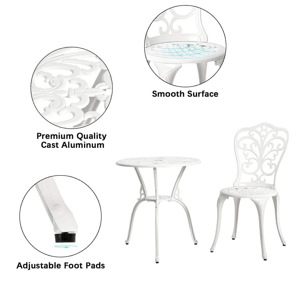 White Cast Aluminum Floral Bistro Set with Iron Legs