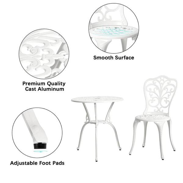 White 3-Piece Cast Aluminum Round Table Outdoor Bistro Set