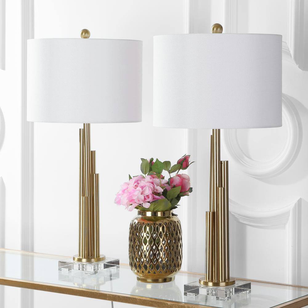 Hopper Brass Gold Table Lamp Set with White Linen Shade