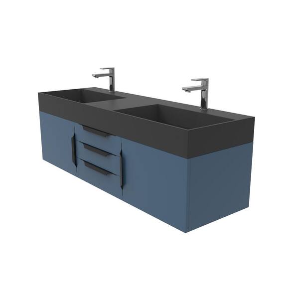 Maranon 60 in. W x 19 in. D x 19.25 in. H Double Floating Bath Vanity in Matte Blue with Black Trim and SLDSFC Black Top
