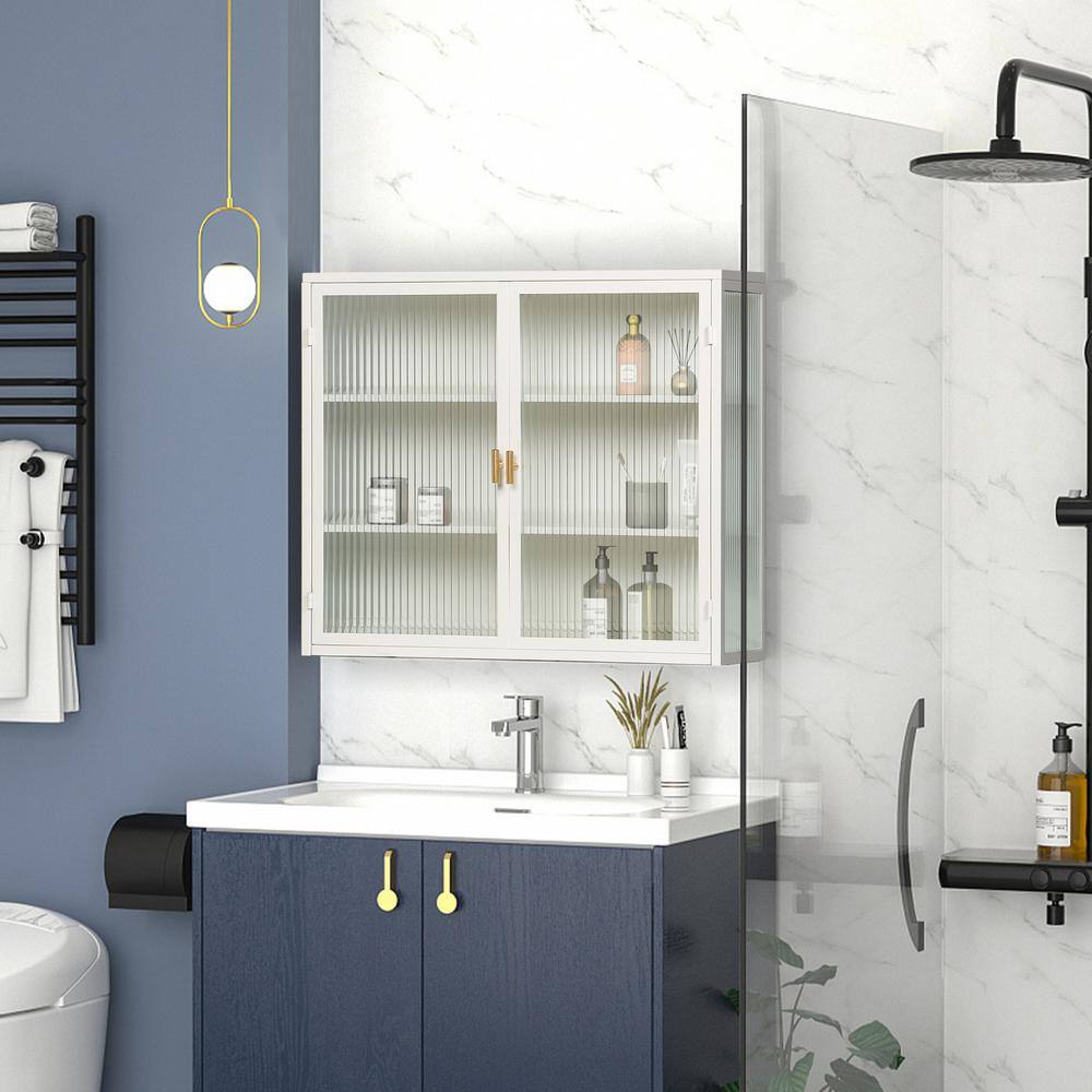 White Iron and Glass Wall-Mounted Pantry Organizer Cabinet