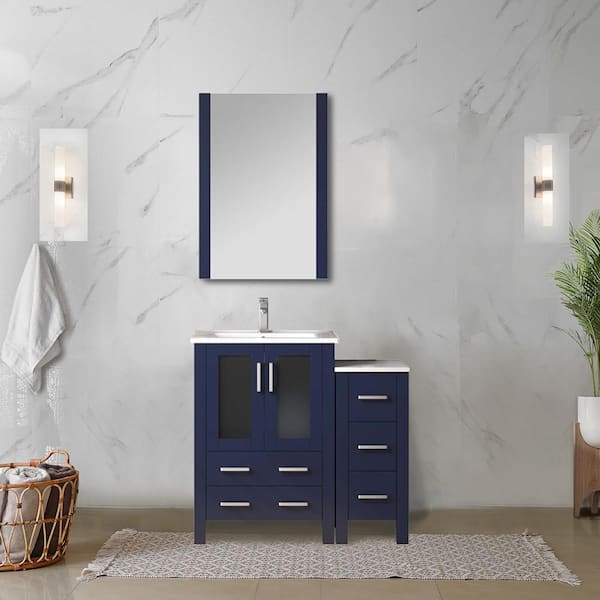 Lexora Volez 36 in. W x 18 in. D x 34 in. H Single Sink Bath Vanity in Navy Blue with White Ceramic Top and Mirror