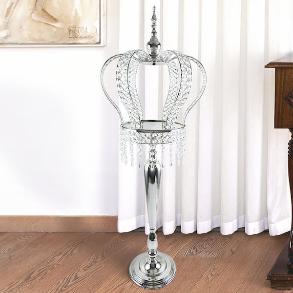 Silver Table Decor Decorative Crown Crystal Bead Metal Accent Piece with Straight Stand 17 in.