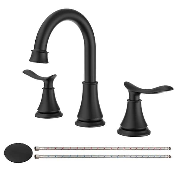 8 in. Widespread Double Handle Bathroom Faucet with Pop-Up Drain Kit Brass 3 Hole Vanity Basin Taps in Matte Black