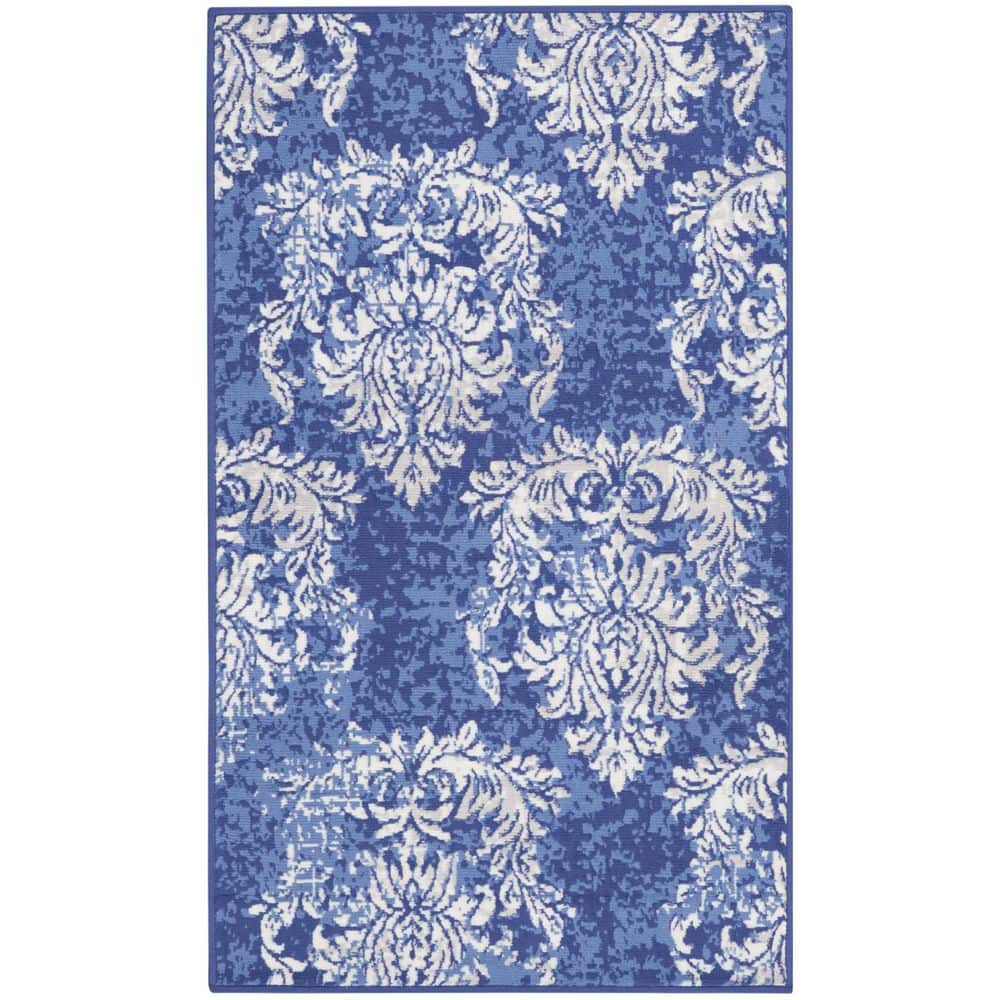 HomeRoots 3 ft. x 5 ft. Navy Blue and Ivory Damask Distressed Area Rug ...
