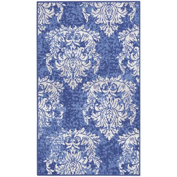 3 ft. x 5 ft. Navy Blue and Ivory Damask Distressed Area Rug