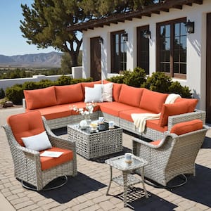 Howell 10-Piece Wicker Outdoor Patio Conversation Sofa Furniture Set with Swivel Rocking Chairs and Orange Red Cushions