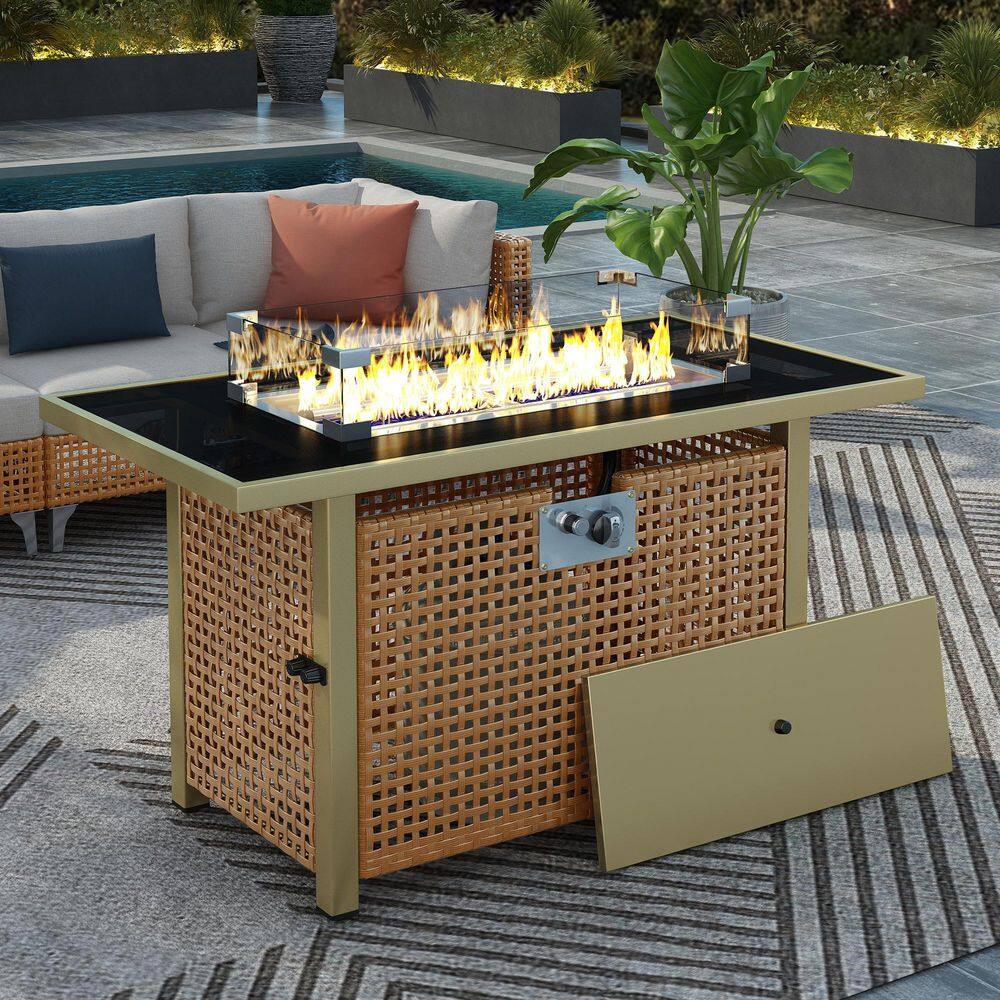 Mustard Yellow Weave Wicker 43 in. Rectangular 60,000 BTU Propane Gas Fire Pit Table Patio Heater with Glass Wind Guard price history on PriceWatchPro