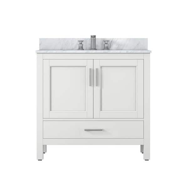 ANGELES HOME 36 in. W x 22 in. D x 34 in. H Freestanding Bath Vanity in White with Carrara White Marble Top and Single Ceramic Sink