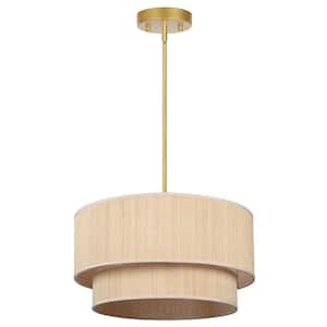 Zenith 20 in. 4-Light Natural Rattan Tiered Drum Pendant Chandelier Light with Brass Hardware