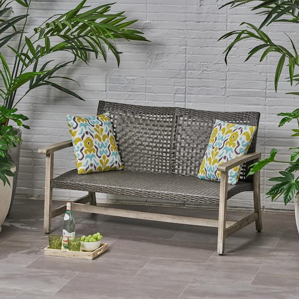 Unbranded Classic 52 in. Wicker Outdoor Loveseat Features Acacia Wood Frame for Porch, Balcony, Deck, Patio, Backyard, Gray
