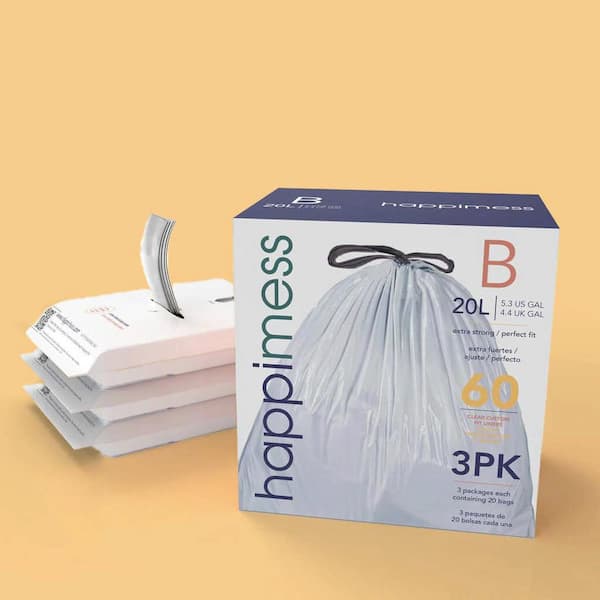 happimess 5.3 gal. Drawstring Trash Can Liner (60-Count, 3-Packs of 20 Liners), Clear