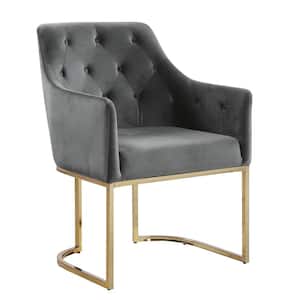 Glam Tufted Gray Accent Chair with Velvet Cushions and Openwork U-Shaped Base
