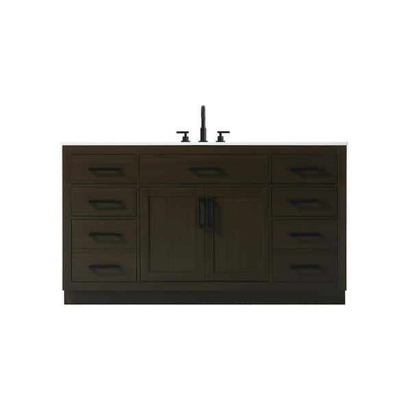 60 in. Single Sink Mocha Brown Bath Vanity with White Engineered Marble Top