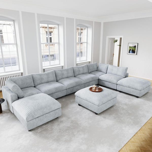 Modern Cloud Couch 157 in. Square Arm Faux Rabbit Fur Velvet U-Shaped Modular Sofa with Ottoman, Washable Covers in Gray