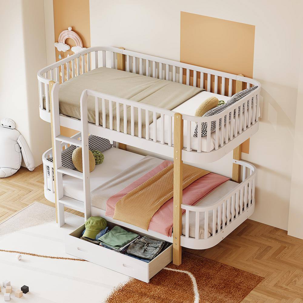 Harper & Bright Designs White Twin over Twin Wood Bunk Bed with a Big ...