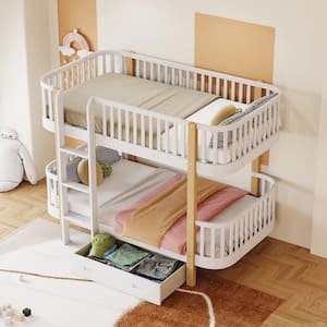 White Twin over Twin Wood Bunk Bed with a Big Drawer, Fence Guardrail