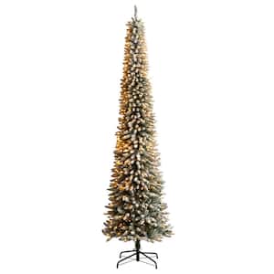 10 ft. Pre-Lit LED Flocked Pencil Artificial Christmas Tree with 700 Clear Lights and 1145 Bendable Branches