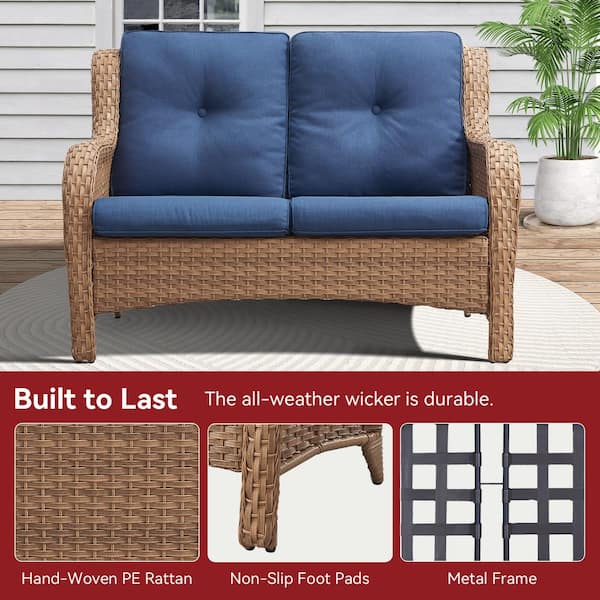 Yellow PE Wicker Outdoor Loveseat with Blue Cushions and Curved Arm Design