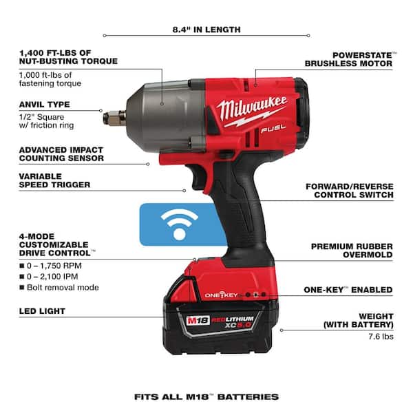 Milwaukee M18 FUEL ONE-KEY 18V Lithium-Ion Brushless Cordless 1/2 in. Impact Wrench w/ Friction Ring, M18 5.0 Ah Battery - 3