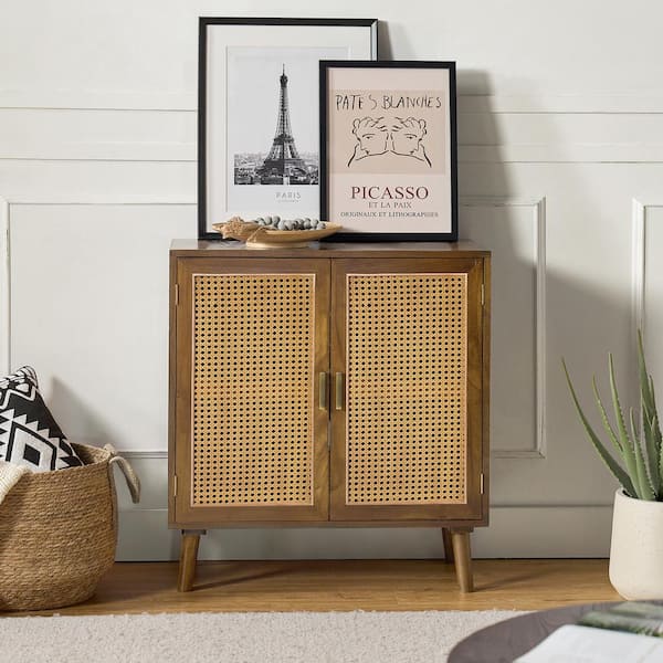 Espresso wooden storage cabinet deals with wicker baskets