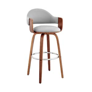 Daxton 30 in. Bar Height High Back Grey Faux Leather and Walnut Wood Bar Stool