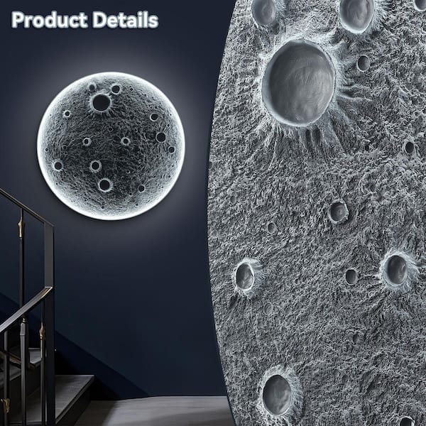 GOGEXX 32 in. x 32 in. Gray Realistic Resin Moon Dimmable LED Wall