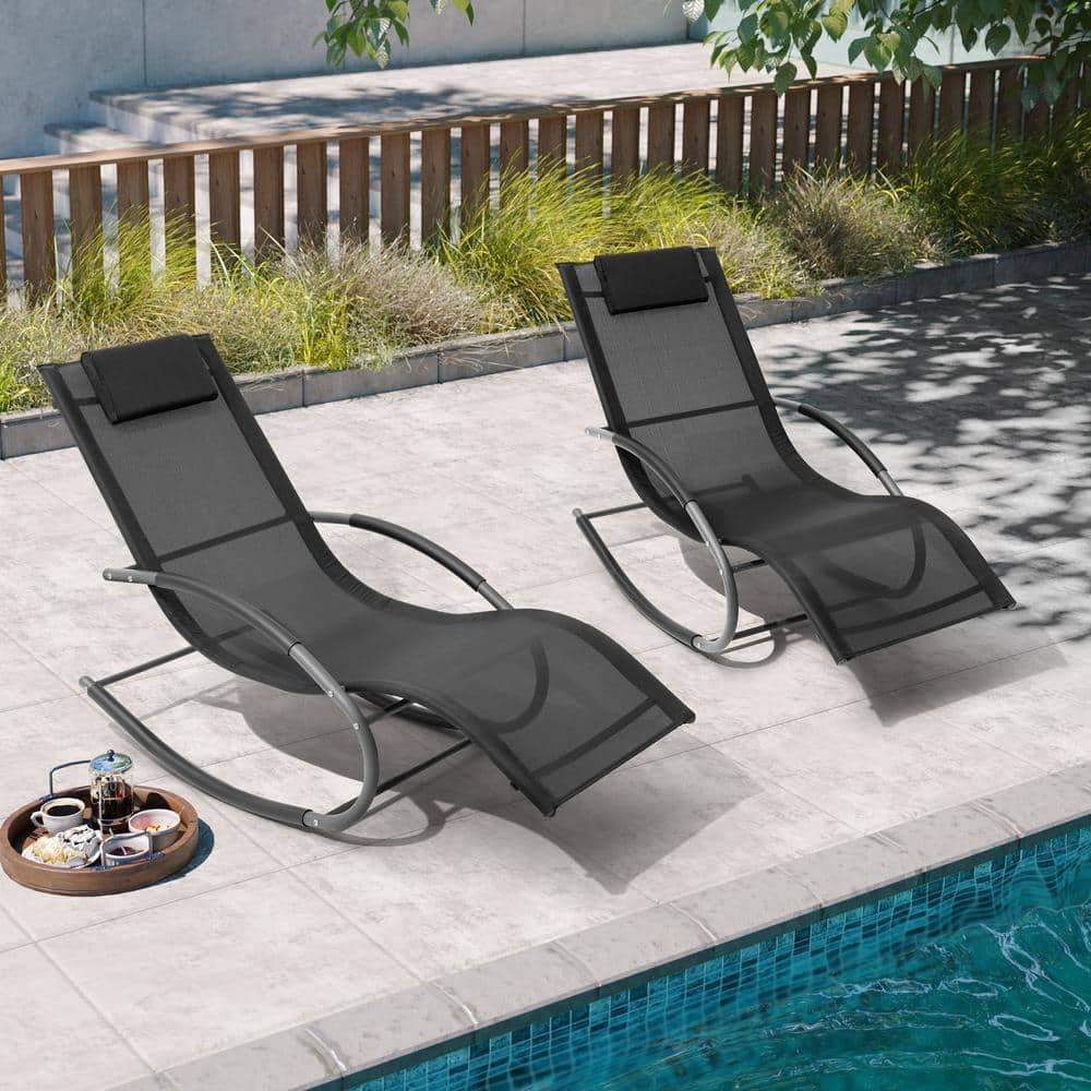 2-Piece Metal Patio Outdoor Rocking Chaise Lounge with Headrest in Black -  Pellebant, PB-RC001BLK-2PC