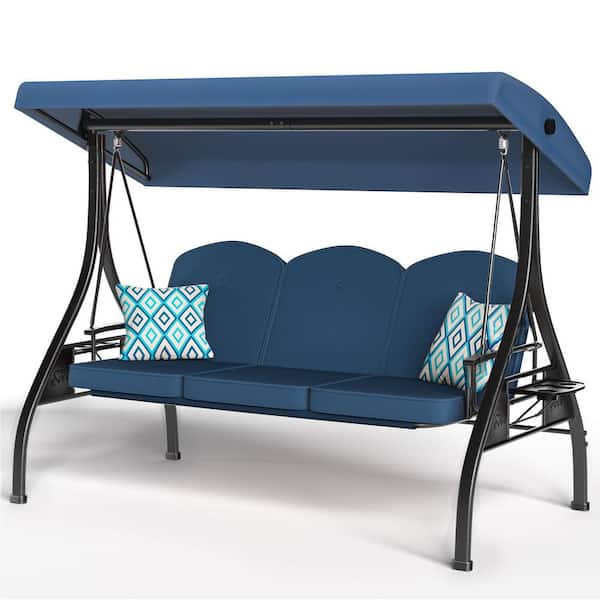 3-Seat Metal Patio Swing with Adjustable Backrest Canopy Blue