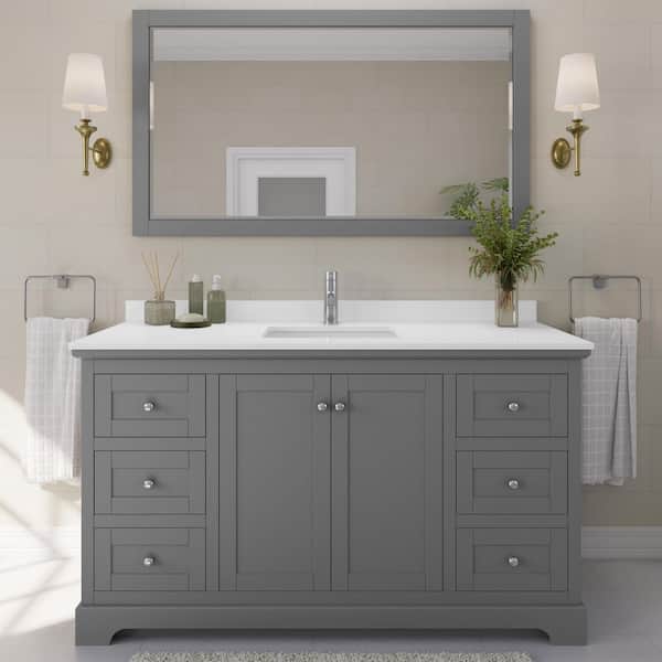 Wyndham Collection Avery 60 in. W x 22 in. D x 35 in. H Single Bath Vanity in Dark Gray with White Quartz Top