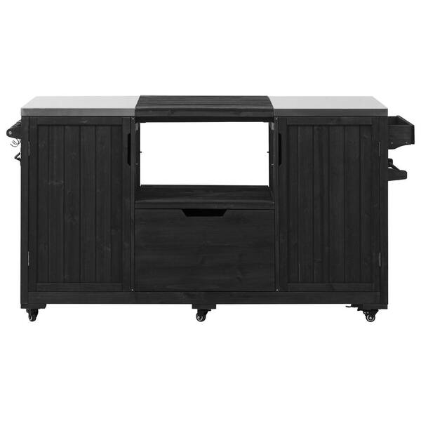 66.5" Black Solid Wood Outdoor Bar, Kitchen Island with Stainless Steel Top, Drawer, Spice Rack, Modular Paper