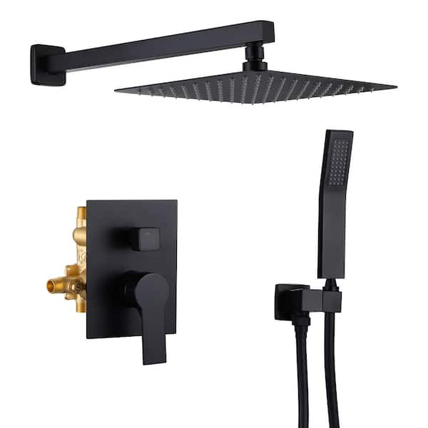 AIMADI Single Handle 1-Spray Wall Mount Shower Faucet 1.8 GPM with Pressure Balance 10 in. Brass Shower System in Matte Black