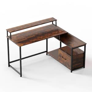 39.37in .W Rustic Brown Engineered Wood L-Shaped Computer Desk with File Drawer, LED Strip and Power Outlet