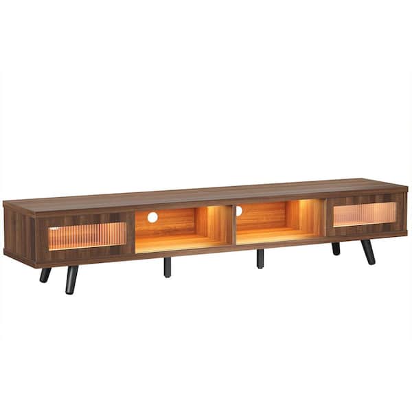 Bestier 70 in. Mid-century TV Stand Fits TV up to 75 in. with LED Light Ribbed Glass Sliding Door and Open Shelves Walnut